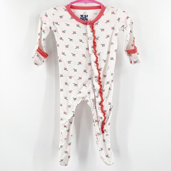 KICKEE PANTS Baby Footie 3-6 Months Basic Ruffle Natural Rose Bud Snaps Infant - Picture 1 of 16
